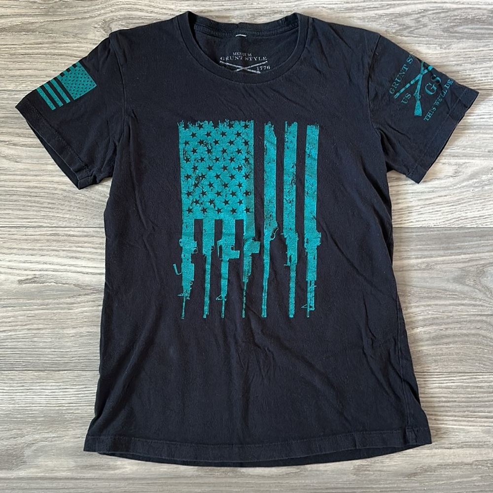 Grunt Style - M - American Flag Rifle Gun Shirt Teal & Black